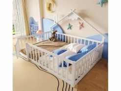 ModernLuxe Cama Montessori|Cama tipo casita infantil 140x190cm - con barreras de seguridad - madera maciza - blanca (sin colchón)
