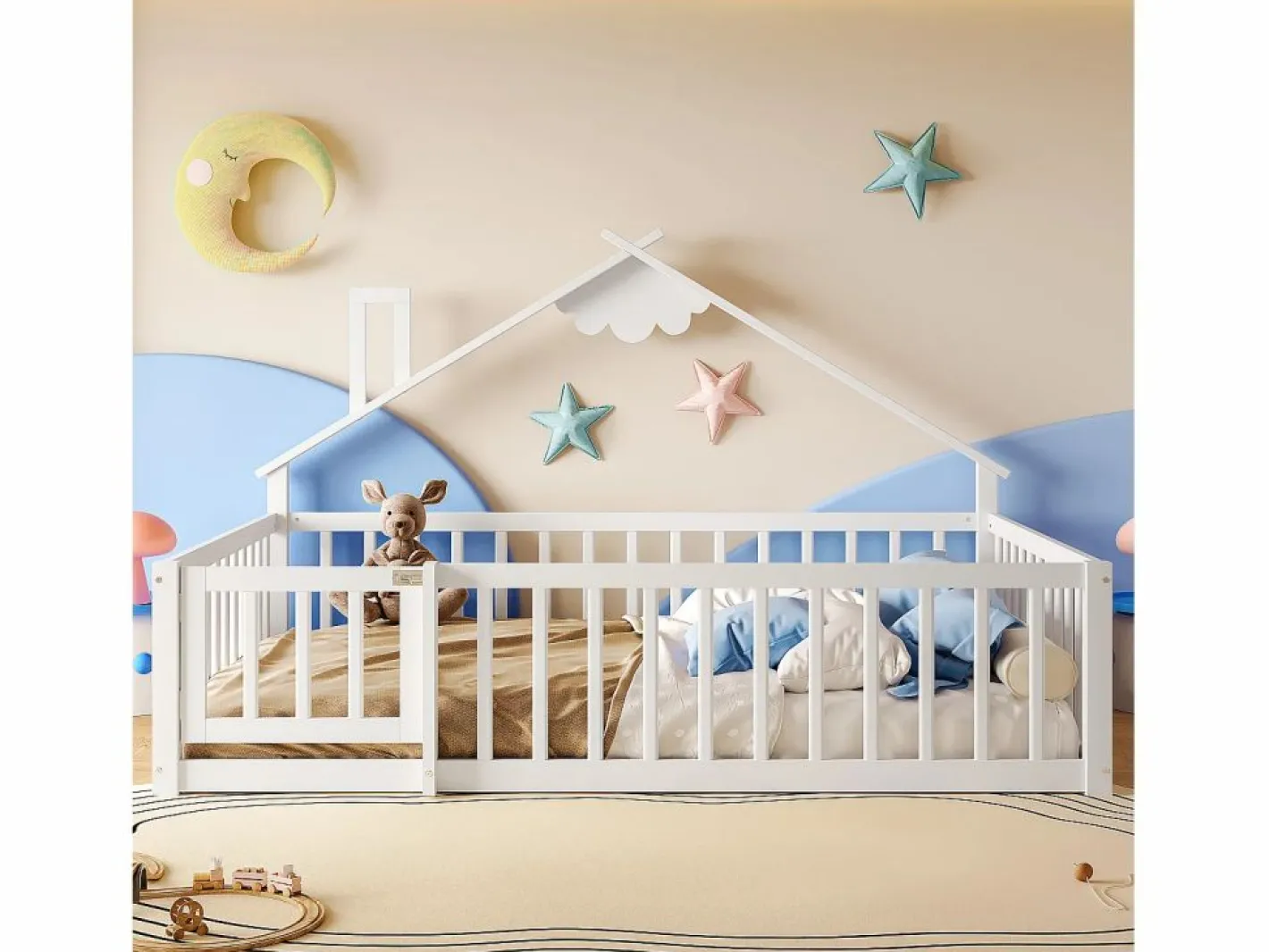 ModernLuxe Cama Montessori|Cama tipo casita infantil 140x190cm - con barreras de seguridad - madera maciza - blanca (sin colchón)