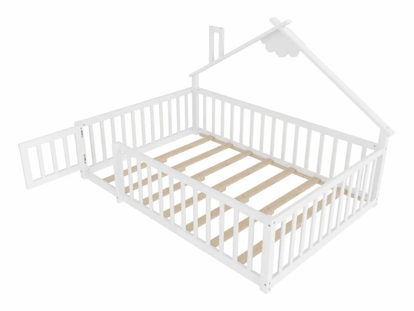 ModernLuxe Cama Montessori|Cama tipo casita infantil 140x190cm - con barreras de seguridad - madera maciza - blanca (sin colchón)