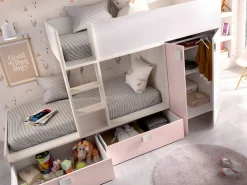 Cama tren armario e 2 x 90 x 190 cm blanco natural y rosa JUANITO^Vente-unique
