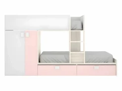 Cama tren armario e 2 x 90 x 190 cm blanco natural y rosa JUANITO^Vente-unique