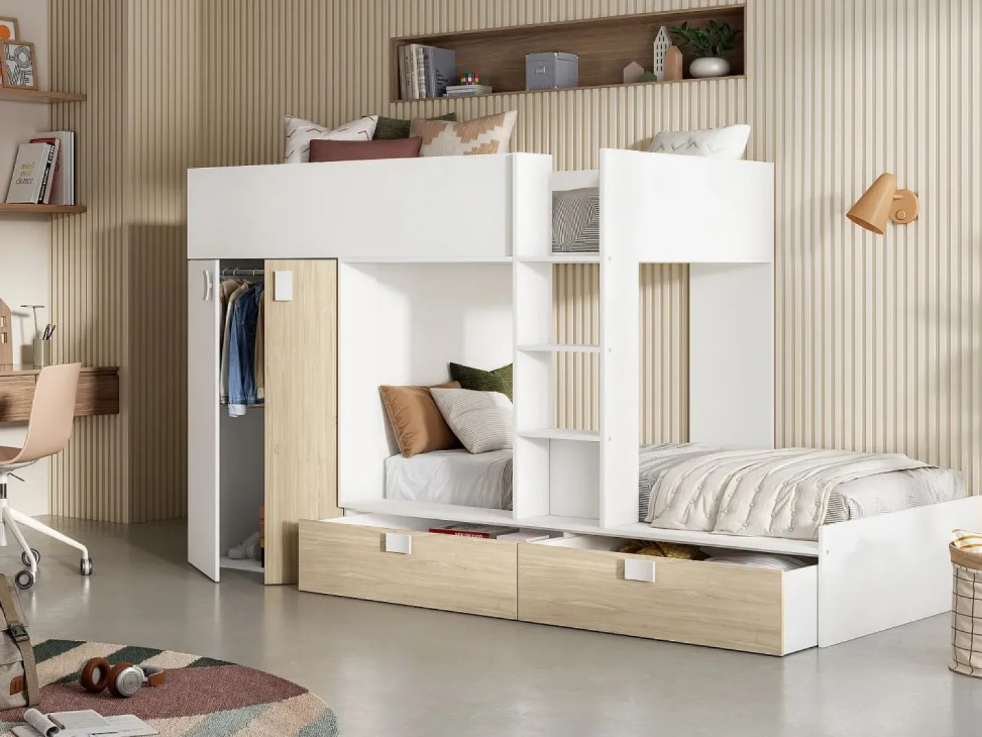 Vente-unique Cama tren armario e 2 x 90 x 190 cm blanco y natural JUANITO Color natural claro / Blanco Best