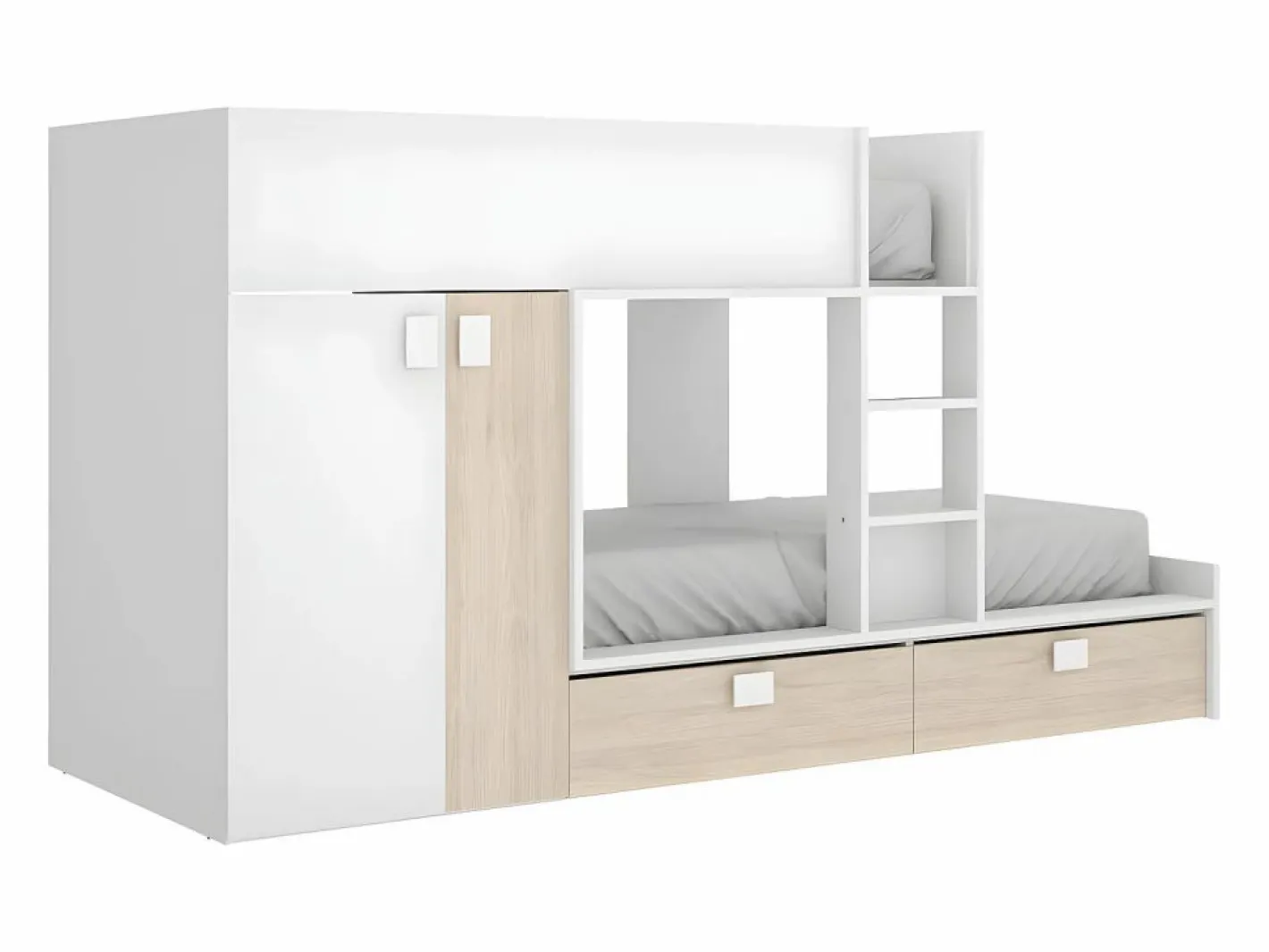Vente-unique Cama tren armario e 2 x 90 x 190 cm blanco y natural JUANITO Color natural claro / Blanco Best
