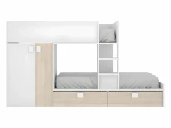 Vente-unique Cama tren armario e 2 x 90 x 190 cm blanco y natural JUANITO Color natural claro / Blanco Best