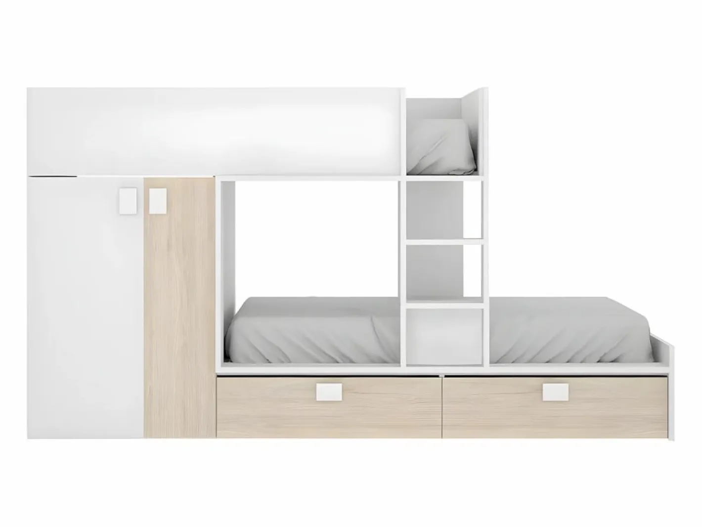 Vente-unique Cama tren armario e 2 x 90 x 190 cm blanco y natural JUANITO Color natural claro / Blanco Best