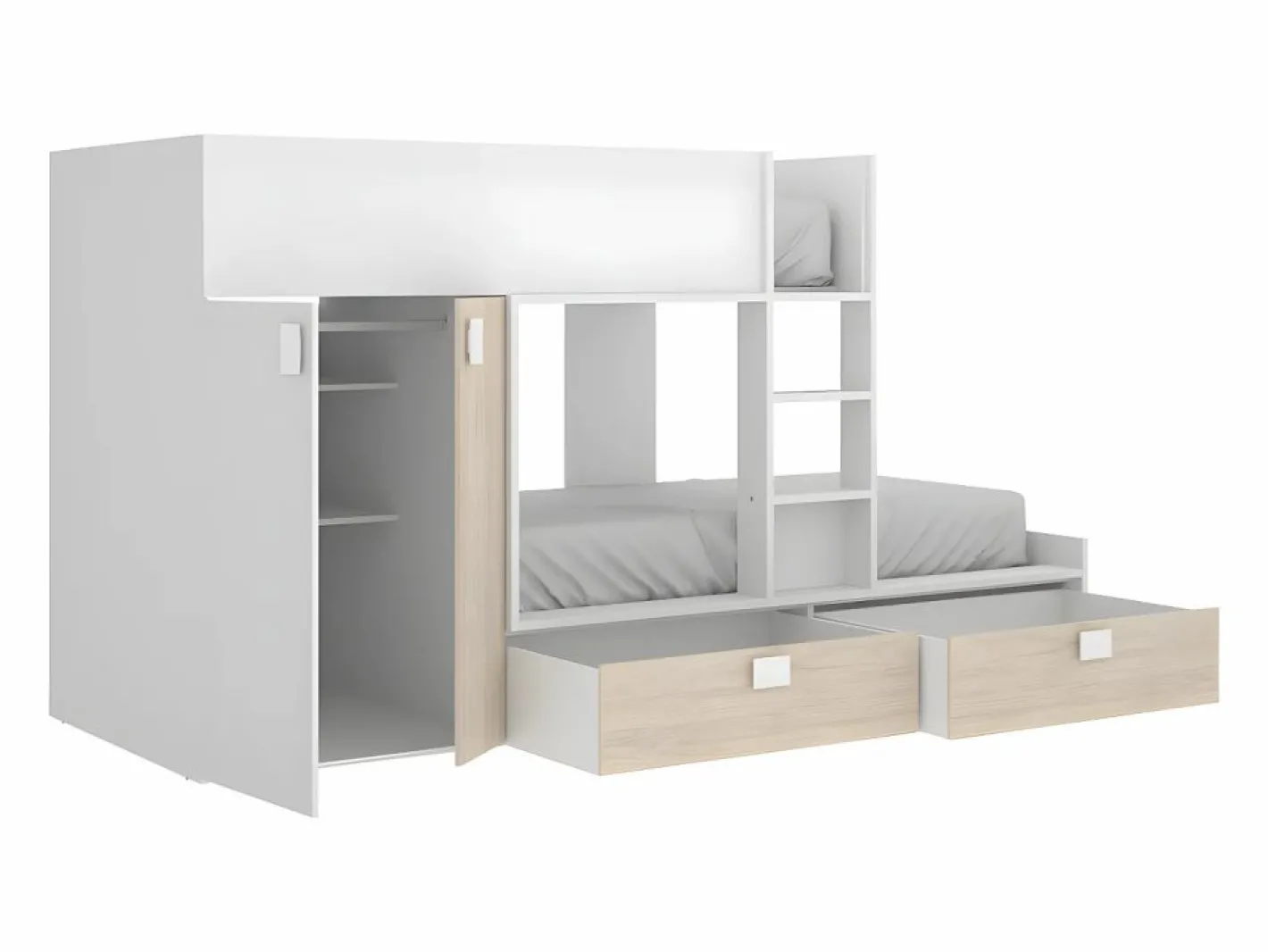 Vente-unique Cama tren armario e 2 x 90 x 190 cm blanco y natural JUANITO Color natural claro / Blanco Best
