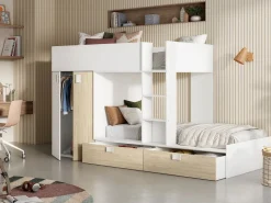 Cama tren con armario e 2 x 90 x 190 cm blanco y natural con colchón JUANITO^Vente-unique Discount