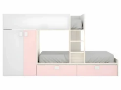 Vente-unique Cama Litera|Cama tren con armario e 2 x 90 x 190 cm blanco natural y rosa con colchón JUANITO
