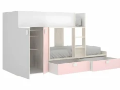 Vente-unique Cama Litera|Cama tren con armario e 2 x 90 x 190 cm blanco natural y rosa con colchón JUANITO