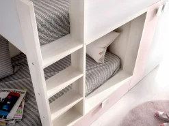 Vente-unique Cama Litera|Cama tren con armario e 2 x 90 x 190 cm blanco natural y rosa con colchón JUANITO