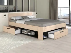Vente-unique Cama 140x190/200 cm con almacenamiento color natural y negro + somier + colchón - KINSELIA Negro / Color natural claro Hot