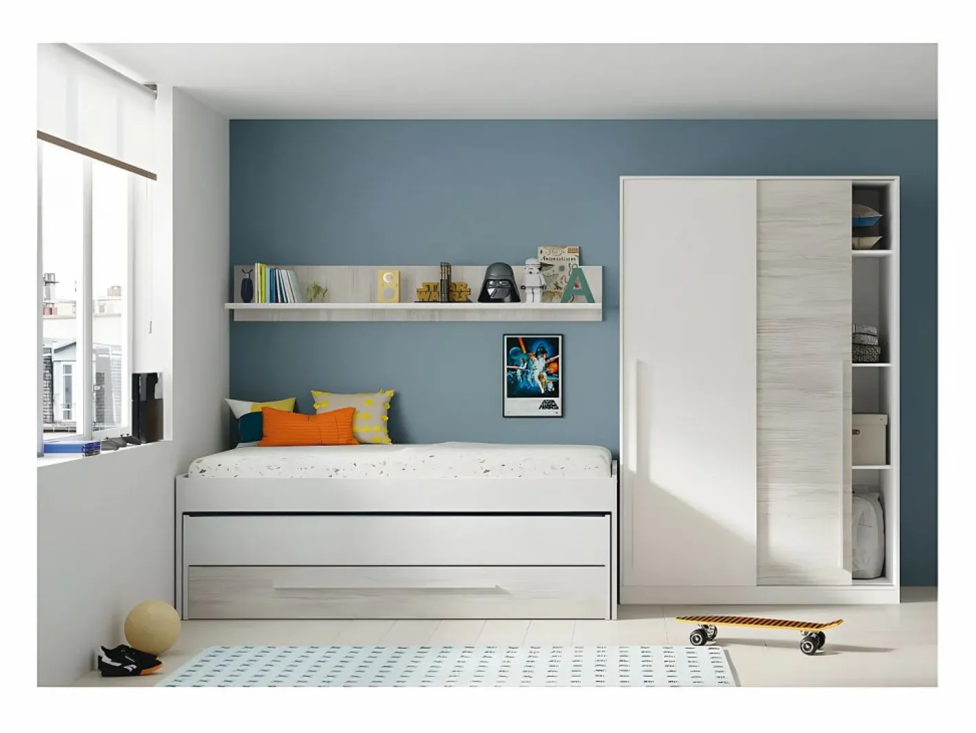 Cama Nido|Cama y estante aglomerado + somieres y colchones 65x199x96cm