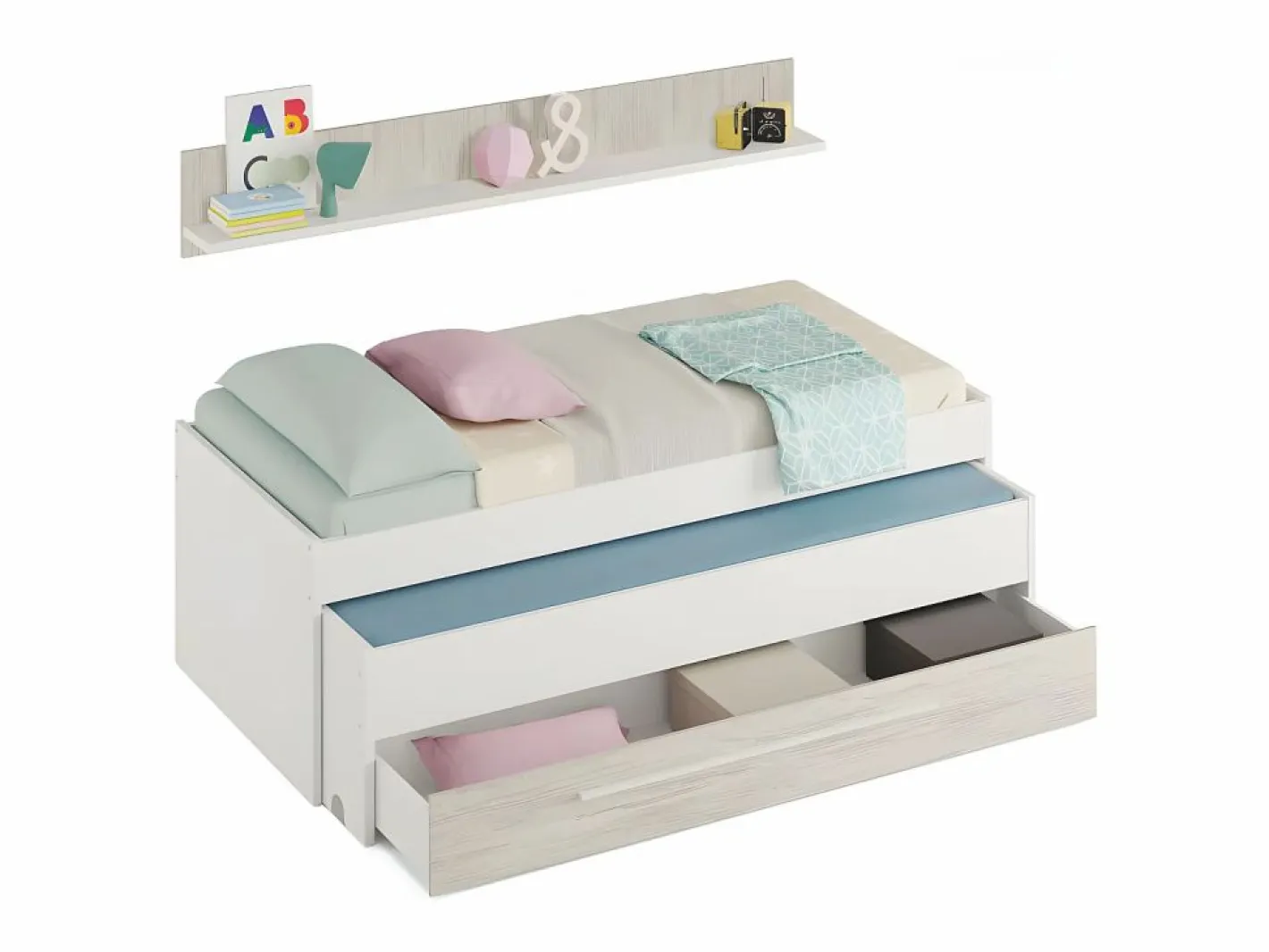 Cama Nido|Cama y estante aglomerado + somieres y colchones 65x199x96cm