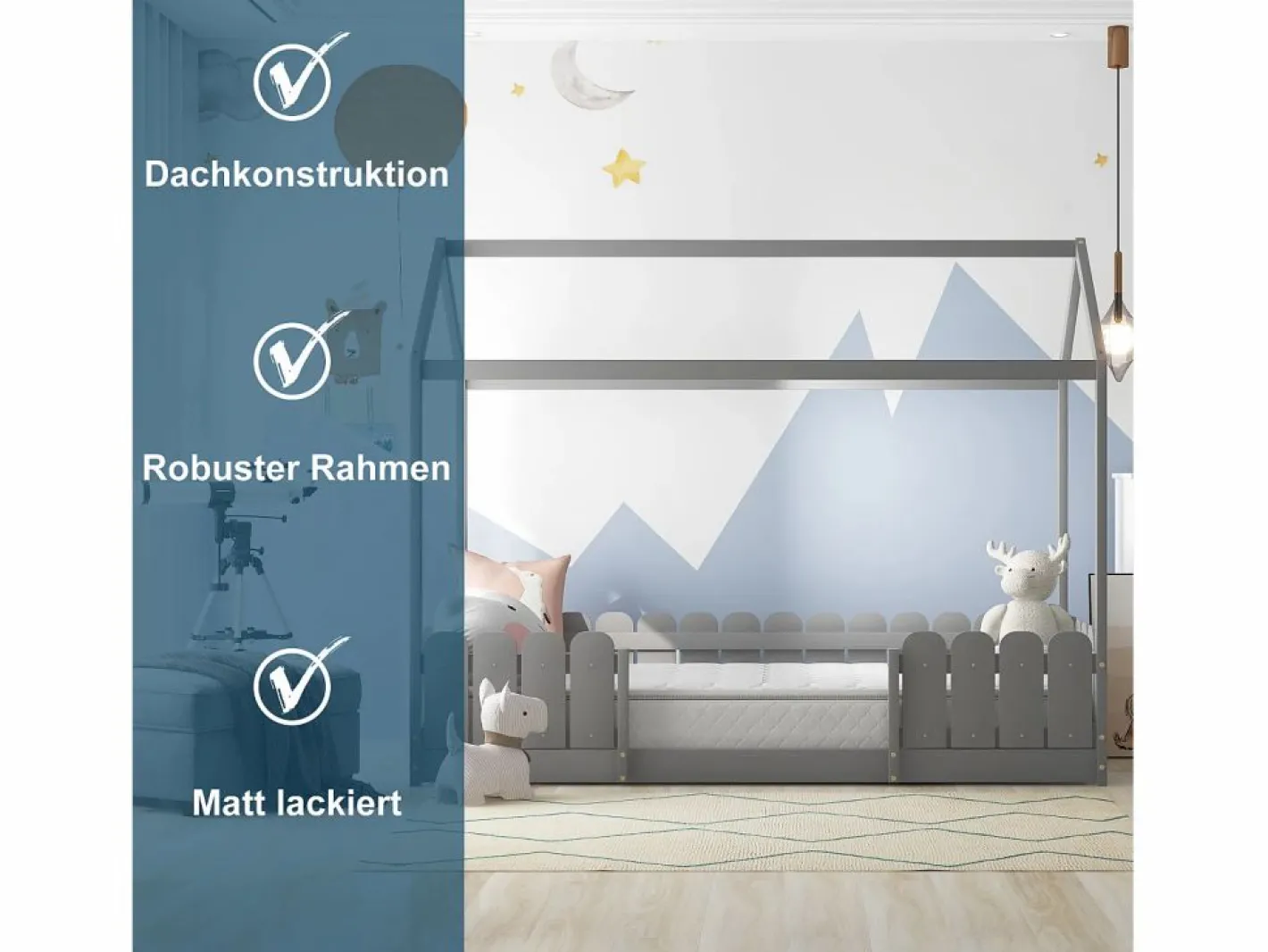 Merax Cama-cabina para niños - 90 x 200 cm - madera maciza - barrera y somier - Gris Clearance