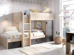 Vente-unique Camas tren modulares rinconeras compartimentos y colchón 2x90x190 cm roble y antracita RICARDO Gris antracita / Color natural claro