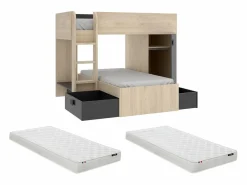 Vente-unique Camas tren modulares rinconeras compartimentos y colchón 2x90x190 cm roble y antracita RICARDO Gris antracita / Color natural claro