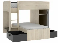 Vente-unique Camas tren modulares rinconeras compartimentos y colchón 2x90x190 cm roble y antracita RICARDO Gris antracita / Color natural claro