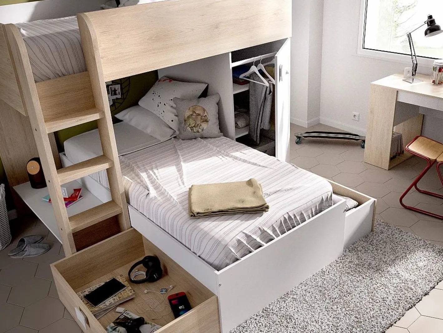 Camas tren modulares rinconeras con compartimentos 2x90x190 cm. roble y blanco. RICARDO^Vente-unique Sale