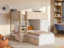 Vente-unique Camas tren modulares rinconeras compartimentos y colchón 2x90x190 cm roble y blanco. RICARDO Color natural claro / Blanco
