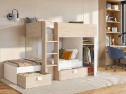 Vente-unique Camas tren modulares rinconeras compartimentos y colchón 2x90x190 cm roble y blanco. RICARDO Color natural claro / Blanco