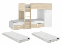 Vente-unique Camas tren modulares rinconeras compartimentos y colchón 2x90x190 cm roble y blanco. RICARDO Color natural claro / Blanco