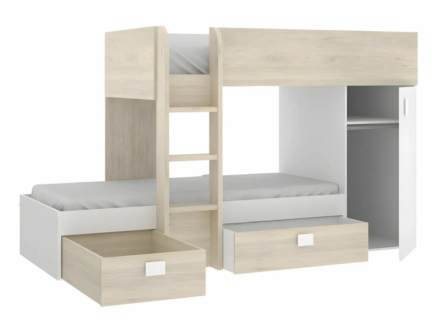 Vente-unique Camas tren modulares rinconeras compartimentos y colchón 2x90x190 cm roble y blanco. RICARDO Color natural claro / Blanco