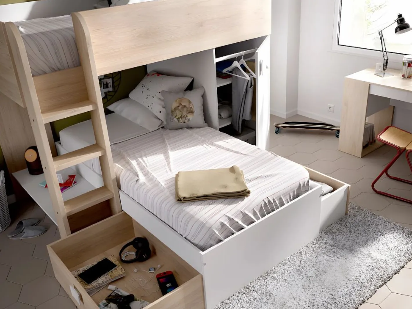 Vente-unique Camas tren modulares rinconeras compartimentos y colchón 2x90x190 cm roble y blanco. RICARDO Color natural claro / Blanco