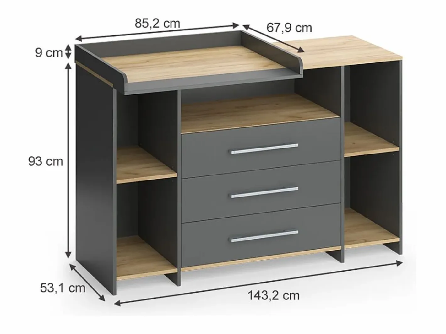 Vicco Mueble De Bebé|Cambiador antracita/roble dorado 143.2x53.1x93 oskar
