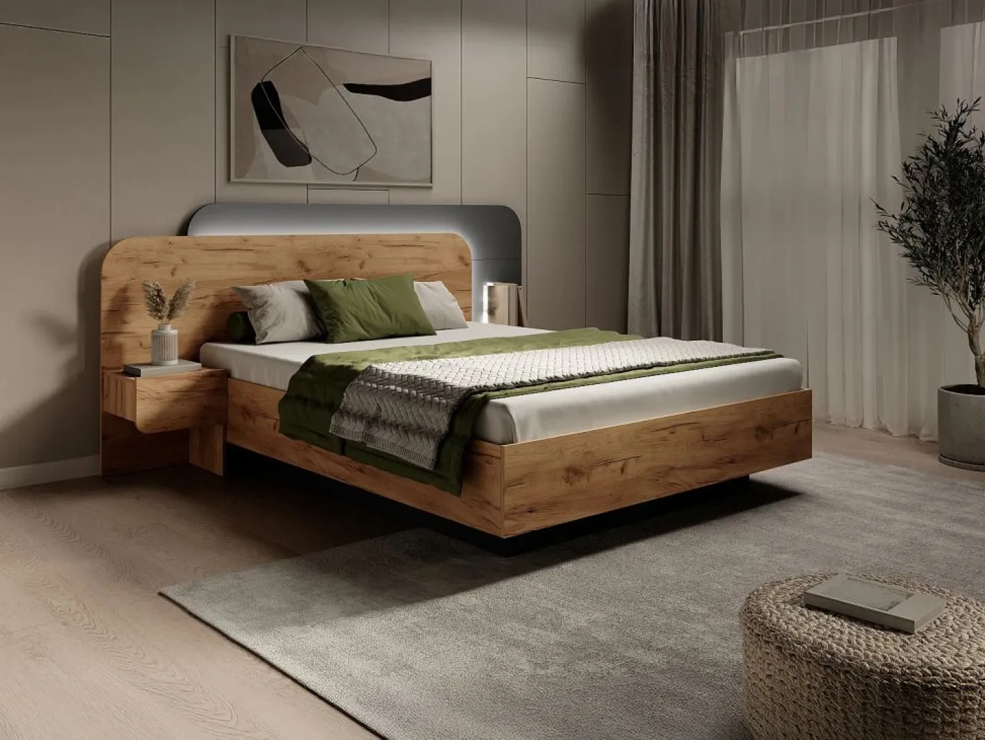 Vente-unique Cama Con Canapé|Canapé abatible con mesitas de noche 160 x 200 cm y LEDs en color natural y antracita - DESADO