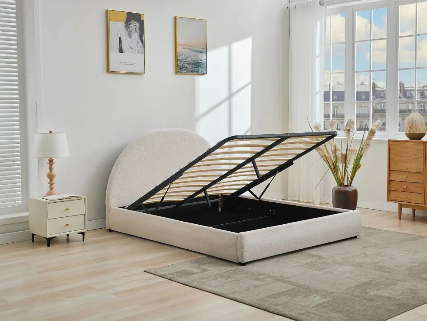 Vente-unique Cama Con Canapé|Cama Con Almacenaje|Canapé abatible de 160 x 200 cm de tela rizada color - LIRIMO