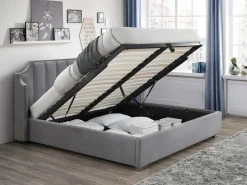 Vente-unique Canapé abatible de 160 x 200 cm con cabecero curvado de terciopelo + colchón - TEOMIS Gris claro Outlet