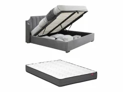 Vente-unique Canapé abatible de 160 x 200 cm con cabecero curvado de terciopelo + colchón - TEOMIS Gris claro Outlet