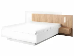 Vente-unique Canapé abatible y mesitas de noche en 160 x 200 cm con luces LEDs blanco y natural - FRANCOLI Color natural claro / Blanco Outlet