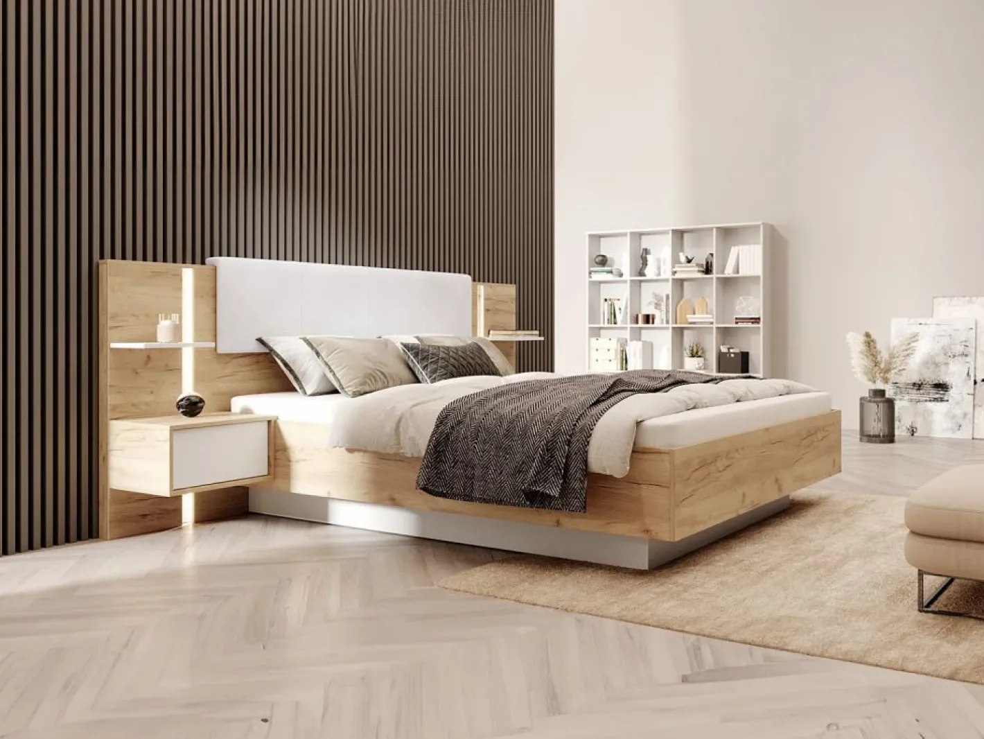 Vente-unique Canapé abatible y mesitas de noche 160 x 200 cm natural y blanco con LEDs + colchón - ELYNIA Color natural claro / Blanco Clearance