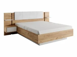 Vente-unique Canapé abatible y mesitas de noche 160 x 200 cm natural y blanco con LEDs + colchón - ELYNIA Color natural claro / Blanco Clearance