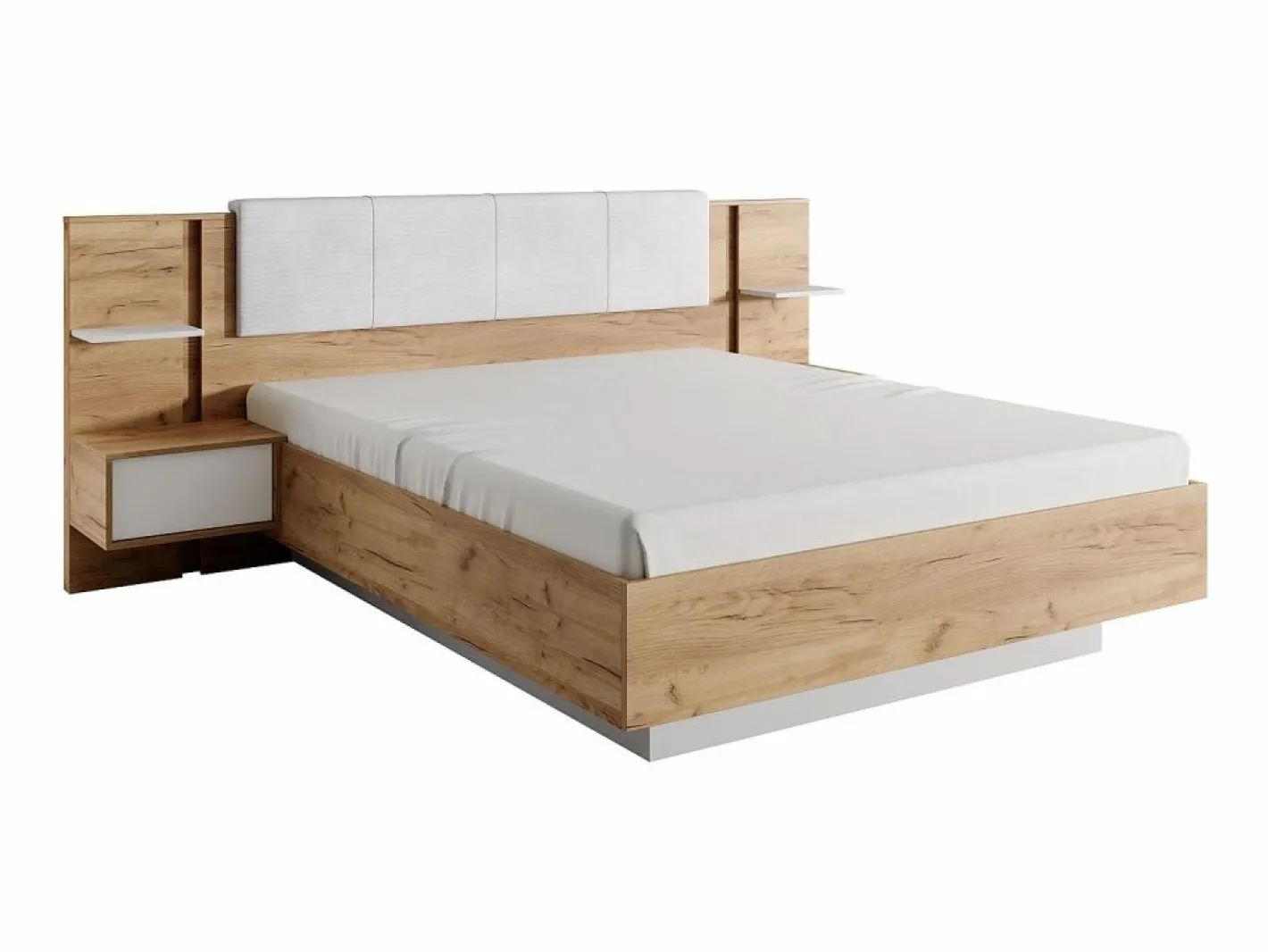 Vente-unique Canapé abatible y mesitas de noche 160 x 200 cm natural y blanco con LEDs + colchón - ELYNIA Color natural claro / Blanco Clearance