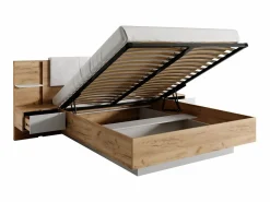 Vente-unique Canapé abatible y mesitas de noche 160 x 200 cm natural y blanco con LEDs + colchón - ELYNIA Color natural claro / Blanco Clearance