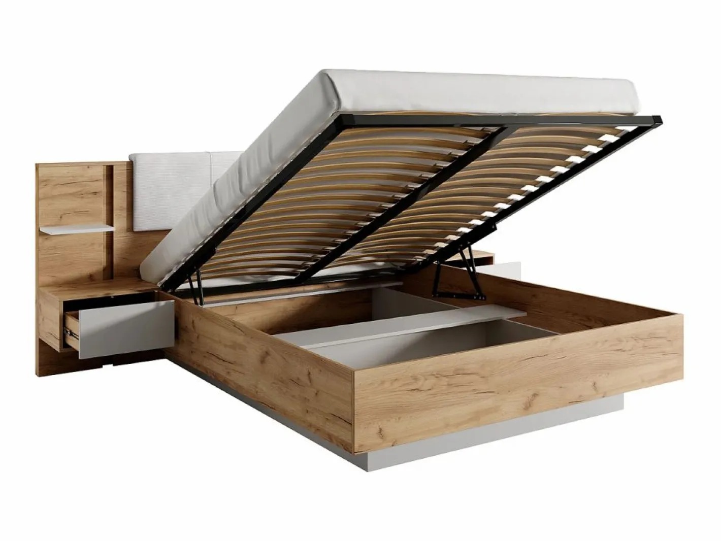 Vente-unique Canapé abatible y mesitas de noche 160 x 200 cm natural y blanco con LEDs + colchón - ELYNIA Color natural claro / Blanco Clearance