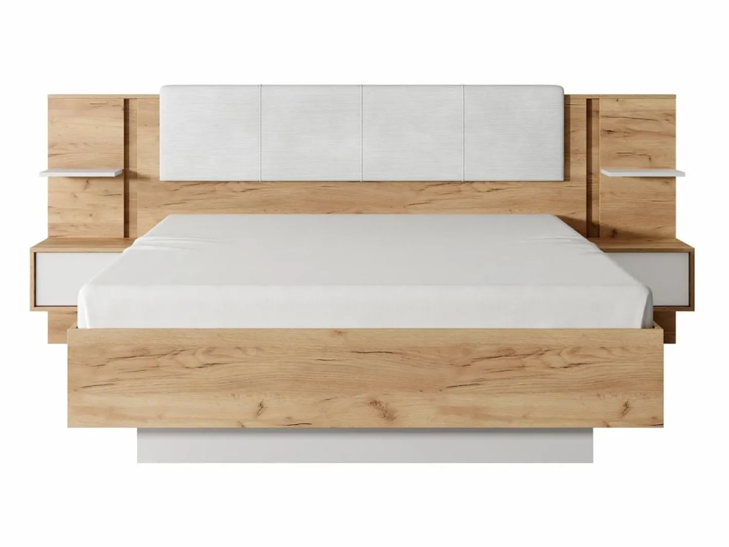 Vente-unique Canapé abatible y mesitas de noche 160 x 200 cm natural y blanco con LEDs + colchón - ELYNIA Color natural claro / Blanco Clearance