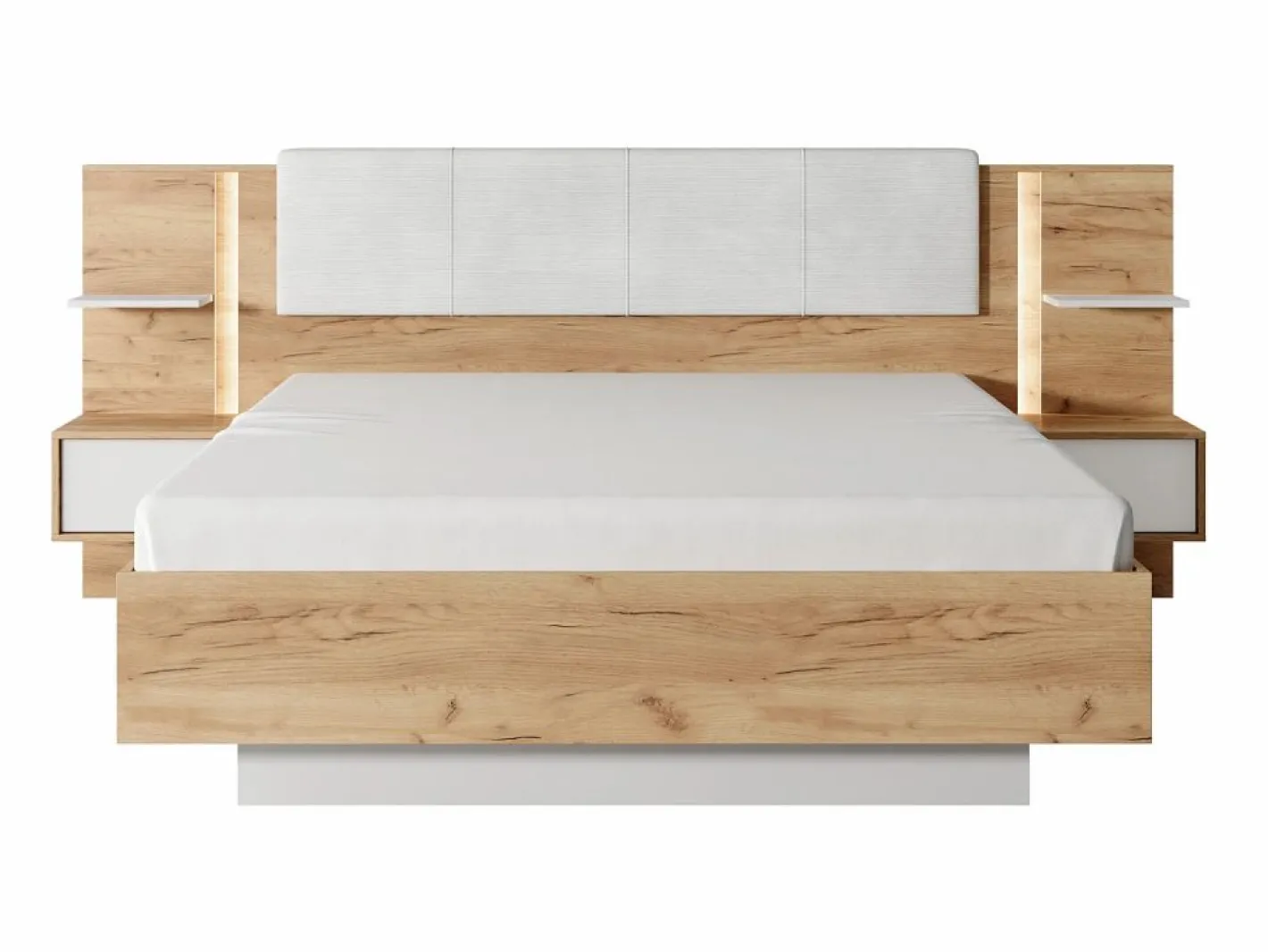 Vente-unique Canapé abatible y mesitas de noche 160 x 200 cm natural y blanco con LEDs + colchón - ELYNIA Color natural claro / Blanco Clearance