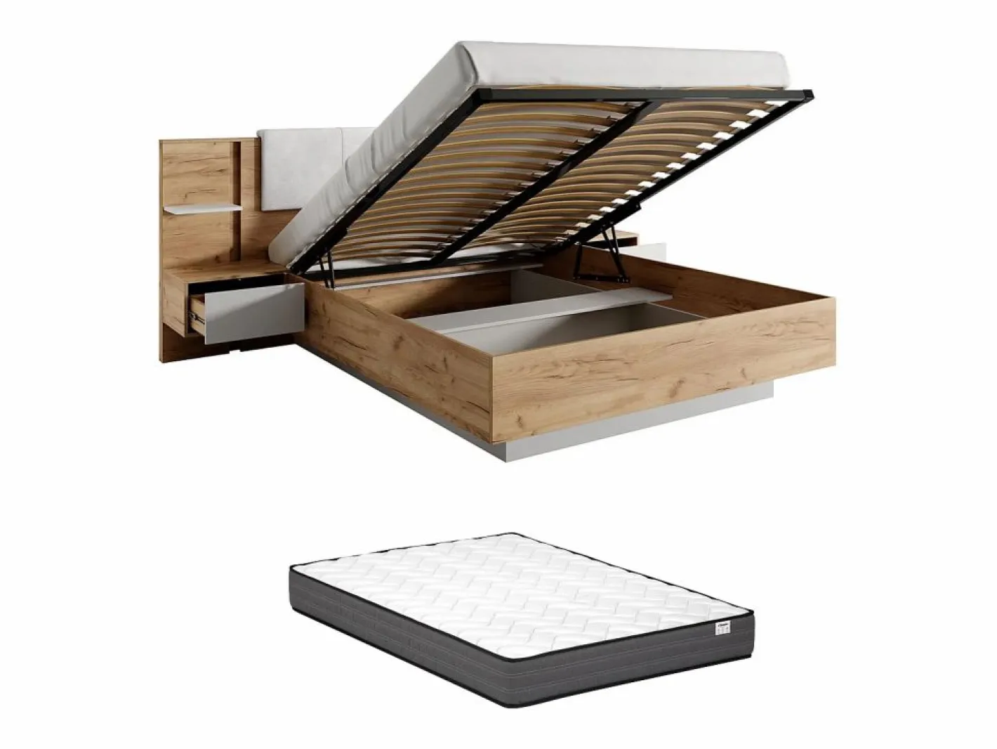Vente-unique Canapé abatible y mesitas de noche 160 x 200 cm natural y blanco con LEDs + colchón - ELYNIA Color natural claro / Blanco Clearance