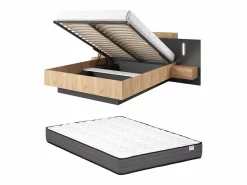 Vente-unique Cama Con Canapé|Cama Con Almacenaje|Canapé abatible y mesitas de noche 160 x 200 cm con LEDs natural y antracita + colchón - FRANCOLI