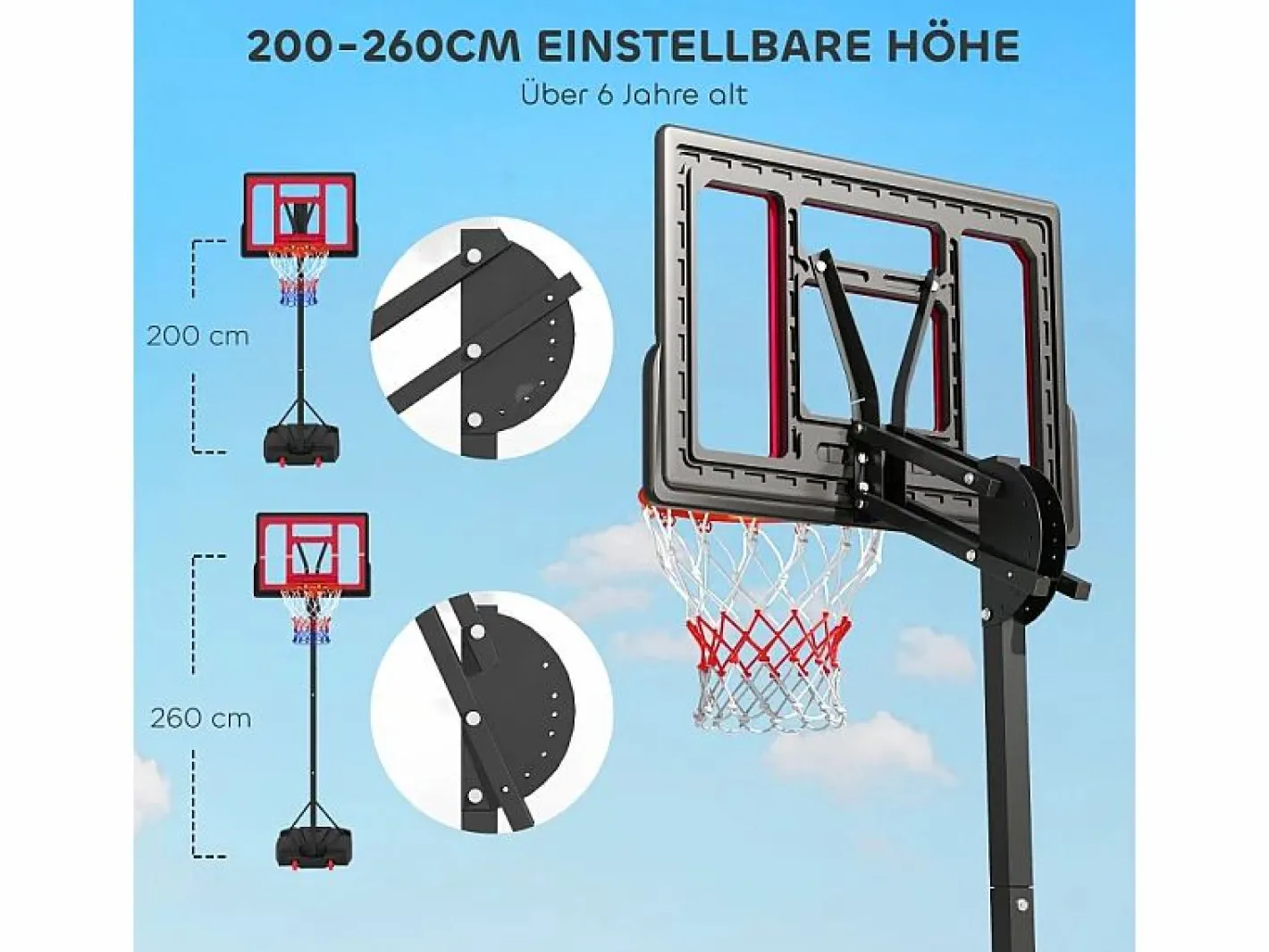 Canasta de baloncesto ajustable para niños, altura regulable de 200 a 260 cm, con ruedas y base con peso, de plástico, color (83 x 2 x 310 cm)^ Clearance