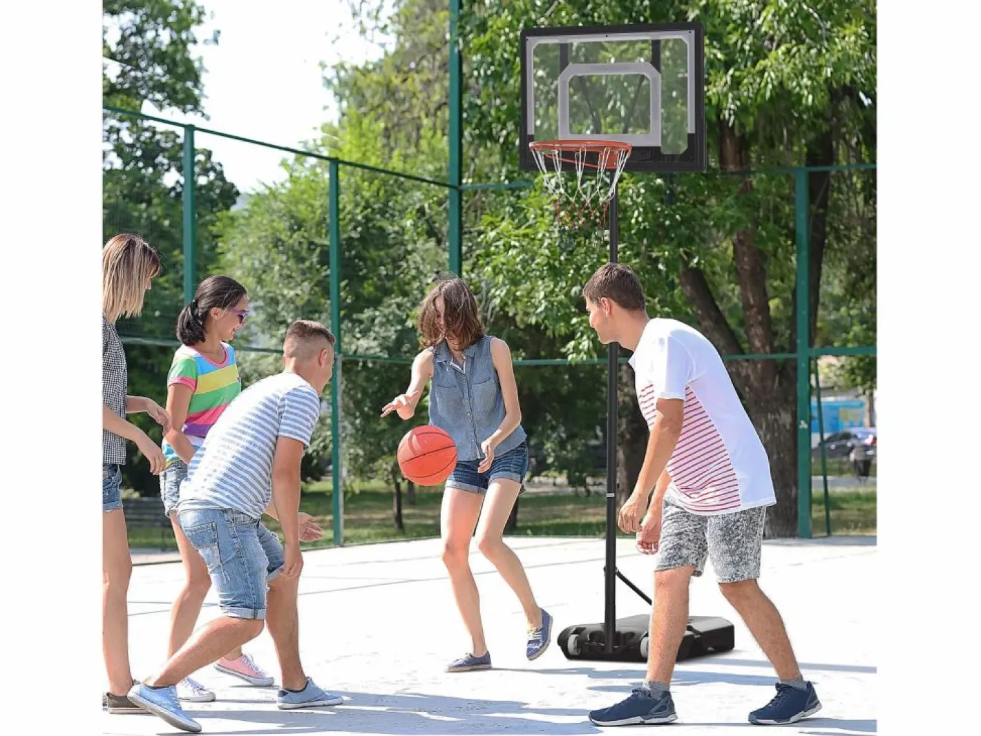 Cesta De Baloncesto|Canasta de baloncesto para exterior de altura ajustable, estructura de acero, PVC, color , con ruedas (83 x 75 x 206-260 cm)