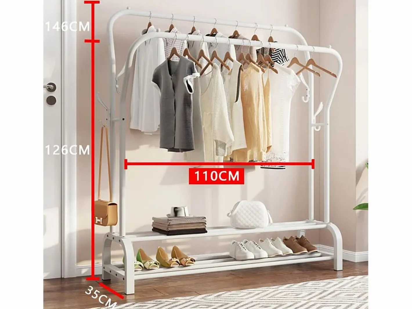 DripeX Mueble Perchero|Capa doble de doble corporación con estante de zapato 4 ganchos, 110x35x146cm-