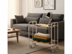 Carrito auxiliar plegable con ruedas - Estructura metálica blanca, 2 estantes laminados Decorado Vintage 1 – 72*66*43 cm - BAUHAUS^Don Hierro Discount