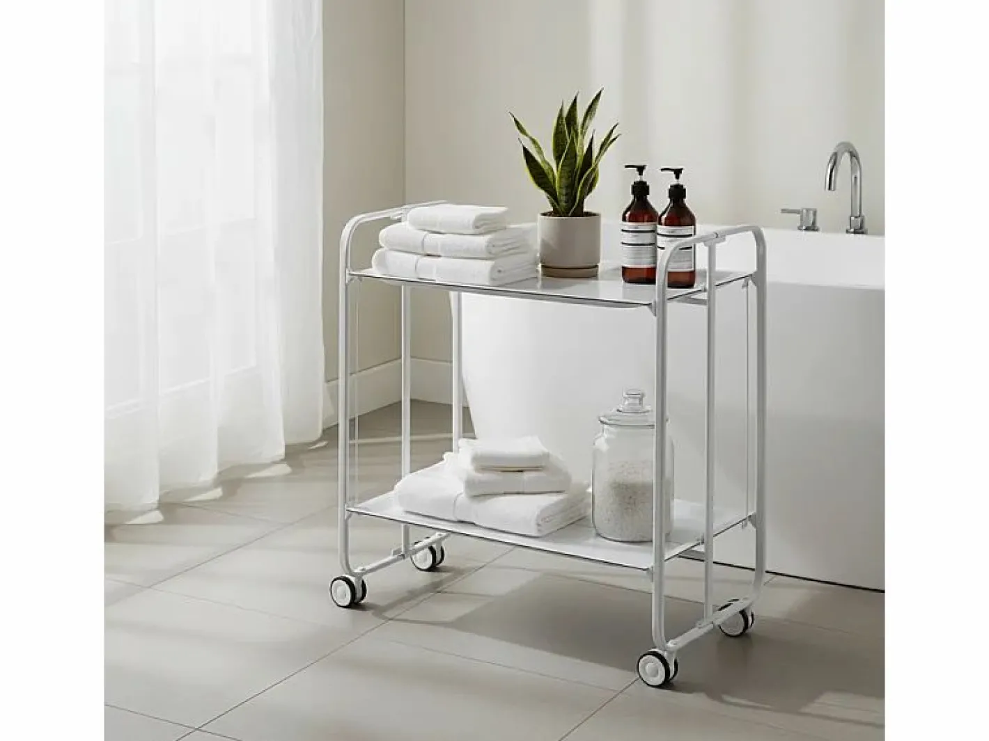 Carrito auxiliar plegable con ruedas - Estructura metálica blanca, 2 estantes s laminados – 72*66*43 cm - BAUHAUS^Don Hierro Clearance