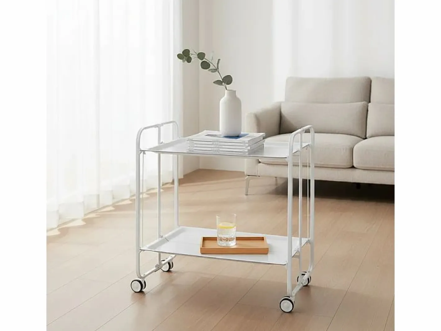 Carrito auxiliar plegable con ruedas - Estructura metálica blanca, 2 estantes s laminados – 72*66*43 cm - BAUHAUS^Don Hierro Clearance