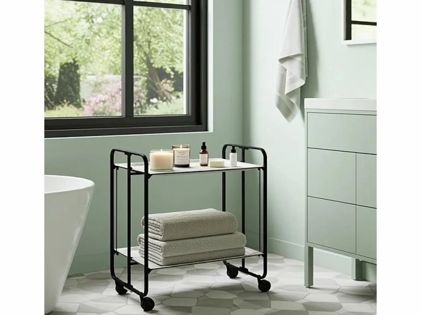 Carrito auxiliar plegable con ruedas - Estructura metálica negra, 2 estantes laminados color Pino envejecido – 72*66*43 cm - BAUHAUS^Don Hierro Outlet