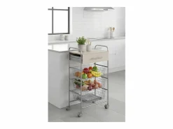 Don Hierro Carrito de cocina ALESIA – 3 cestas, 1 cajón y encimera color haya en acabado aluminio Gris Sale